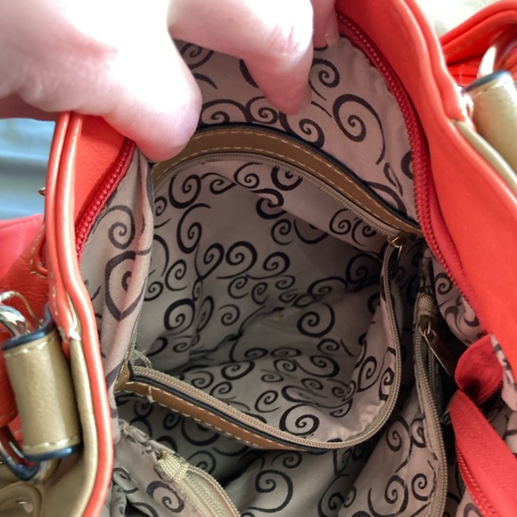 Coral & camel/tan, gold studded, purse. - Picture 11 of 14